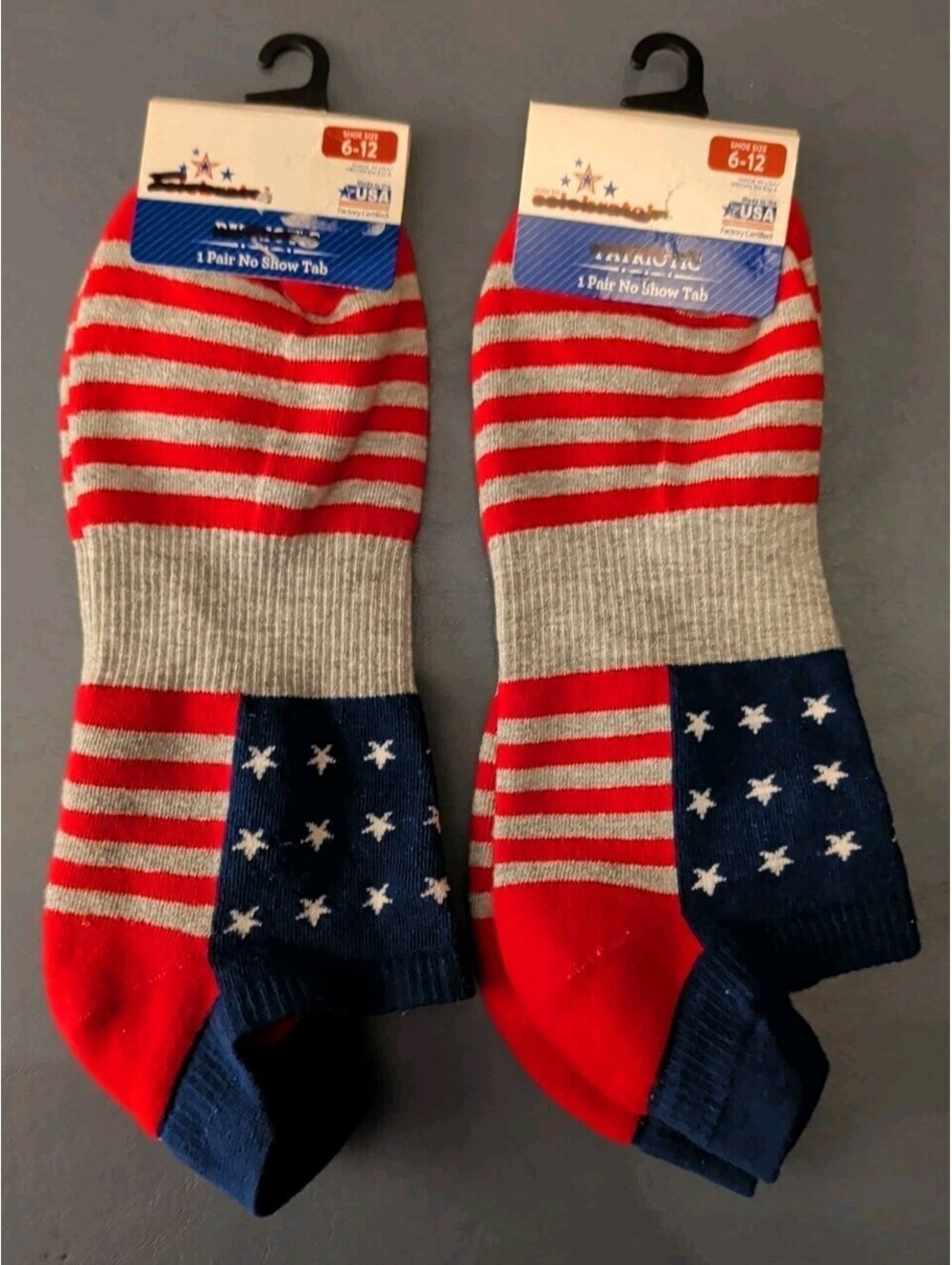 Way To Celebrate Patriotic Flag No Show Tab Socks Unisex (2 pairs) 6-12
